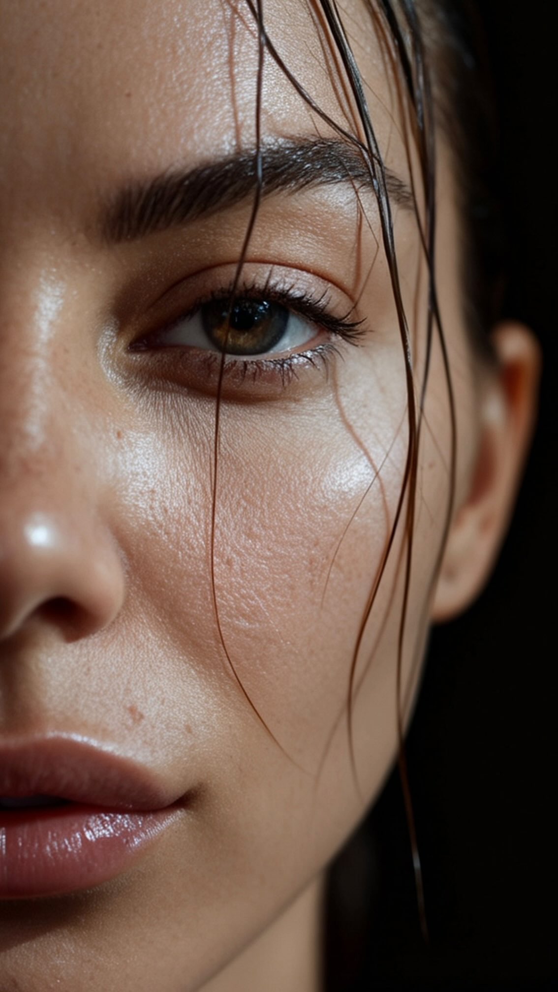 Close portrait, wet hair, warm light on a black ground. Internal placeholder image, to be replaced with a photograph from the first shoot day.